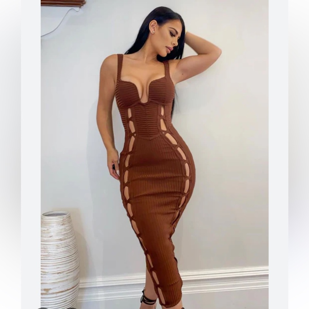 Fashion Nova Chic Brown Cutout Midi Dress